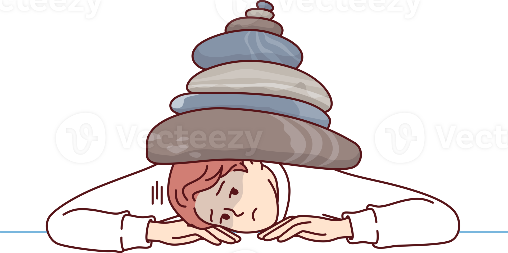 Man under pressure from stress and problems associated with performing work, lies on table with stones on back. Concept of business pressure caused by financial crisis or increased competition png
