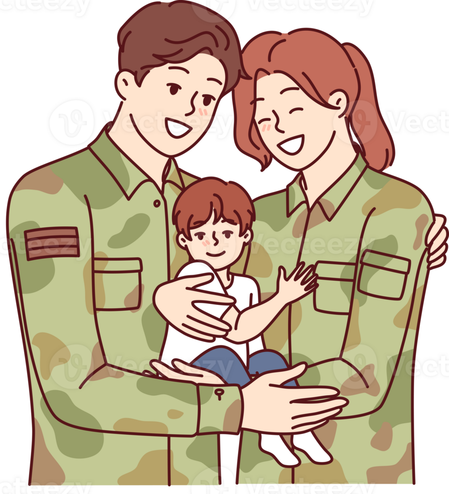 man och kvinna i soldater enhetlig är kramas innehav liten son i vapen, för befordran av militär och armén yrken. Lycklig par soldater kärlek varje Övrig och fira familj dag. png