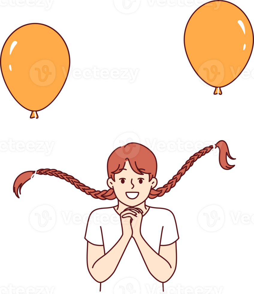 Funny little girl with balloons tied to braids folds palms, making request or showing hope. Cheerful female child experiencing happiness and serenity enjoying playing with balloons png