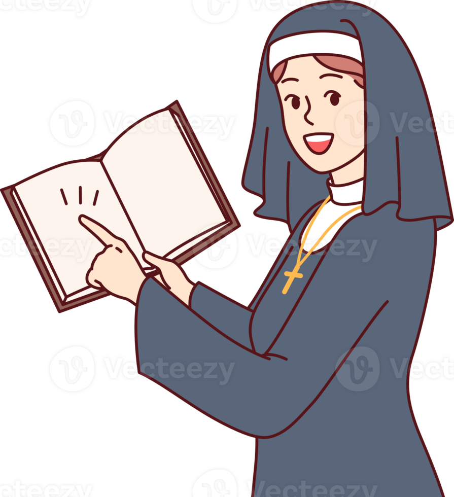 Woman nun with open bible in hands points finger at predictions, dressed in catholic cassock. Girl nun works in church or cathedral, preaching faith in jesus and talking about importance of prayers png