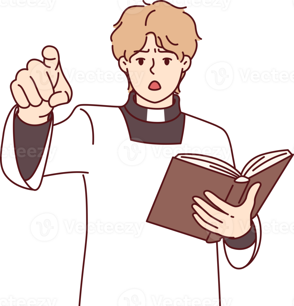 Catholic priest with bible reads sermon and points finger at screen, talking about dangers of sins. Priest in white robe opens mouth in shock, calling to observe instructions of old testament png