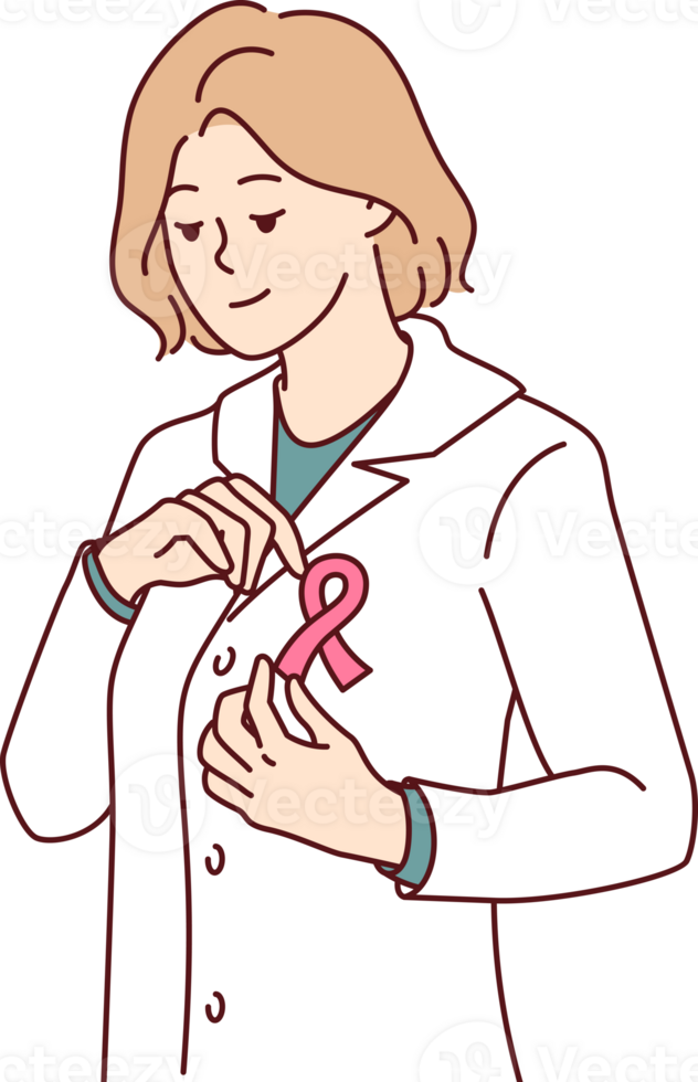 donna medico chiamate per combattimento contro Seno cancro di mettendo rosa nastro su accappatoio png