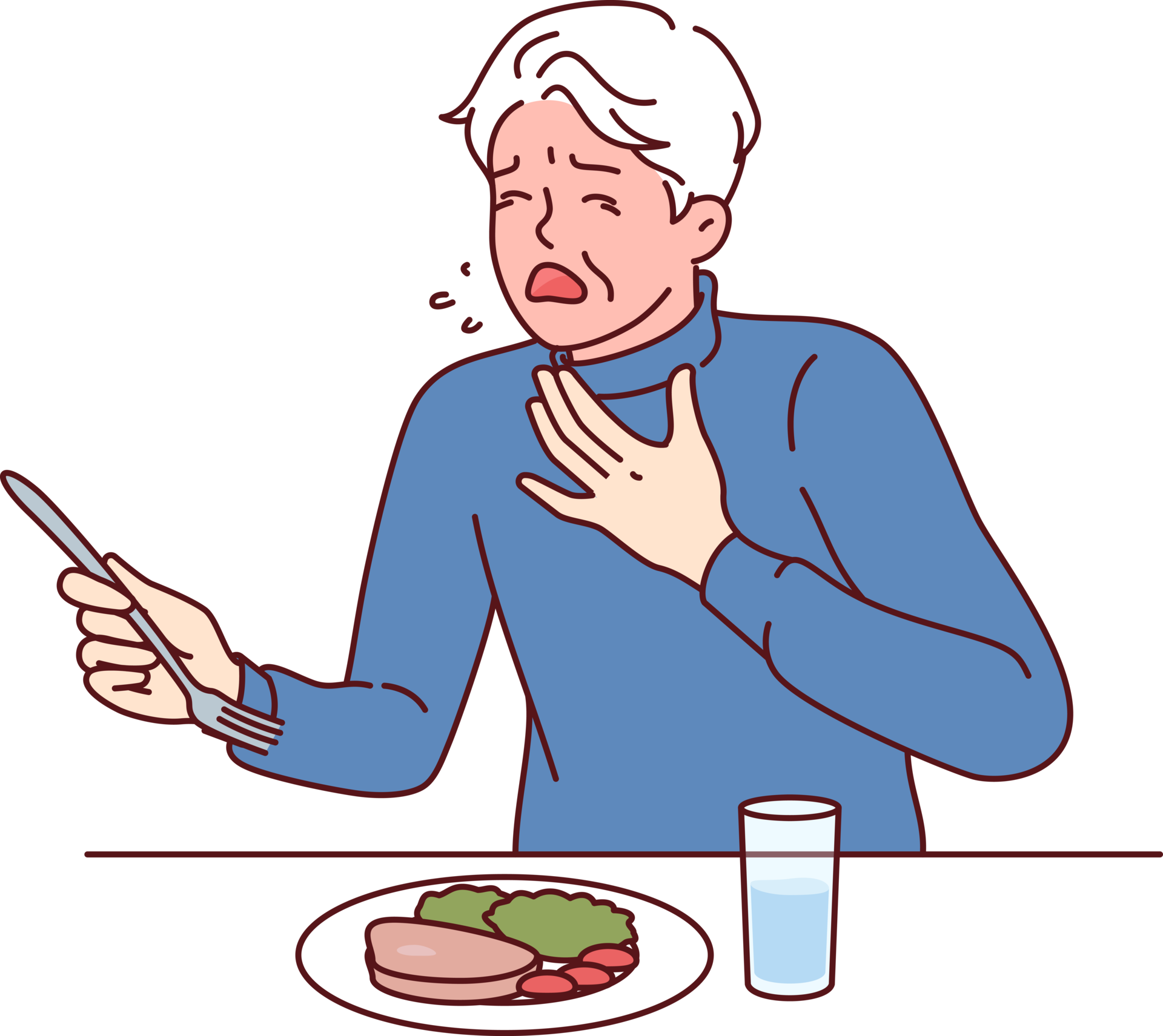 Elderly man choked eating and coughed needing help and blushing feeling