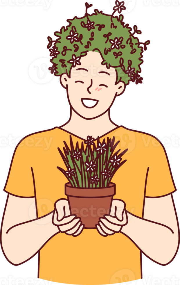 hombre con casa planta en manos y peinado hecho de césped sonrisas, disfrutando creciente interior flores y cuidando para naturaleza. gracioso chico disfruta botánica y cultivando casa plantas como pasatiempo. png