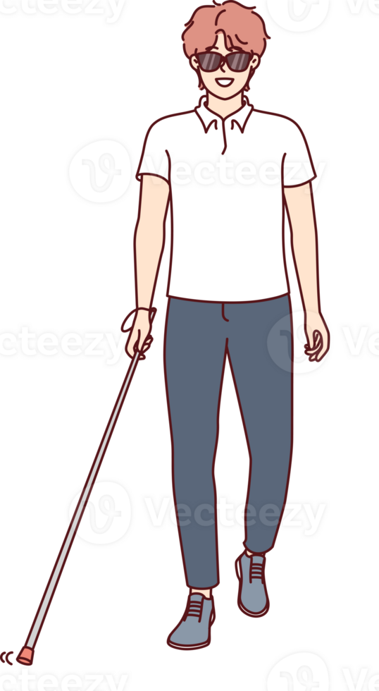 Young blind man walks through city wearing sunglasses and using cane to find way. png