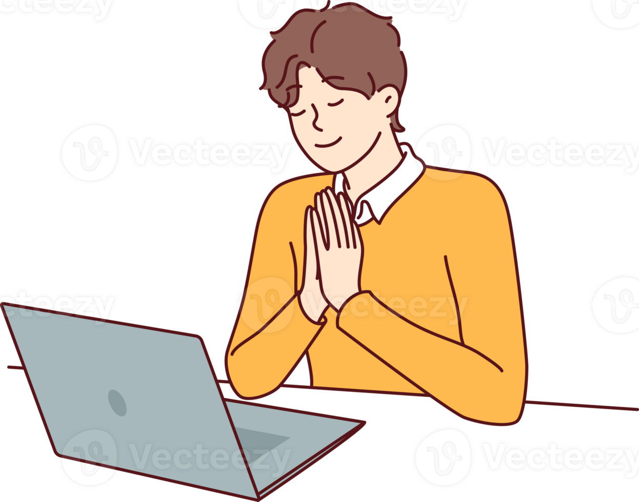 Man prays sitting in front of laptop and watching broadcast of religious event from catholic church. Praying young guy believes in god, prays before starting office work with computer. png