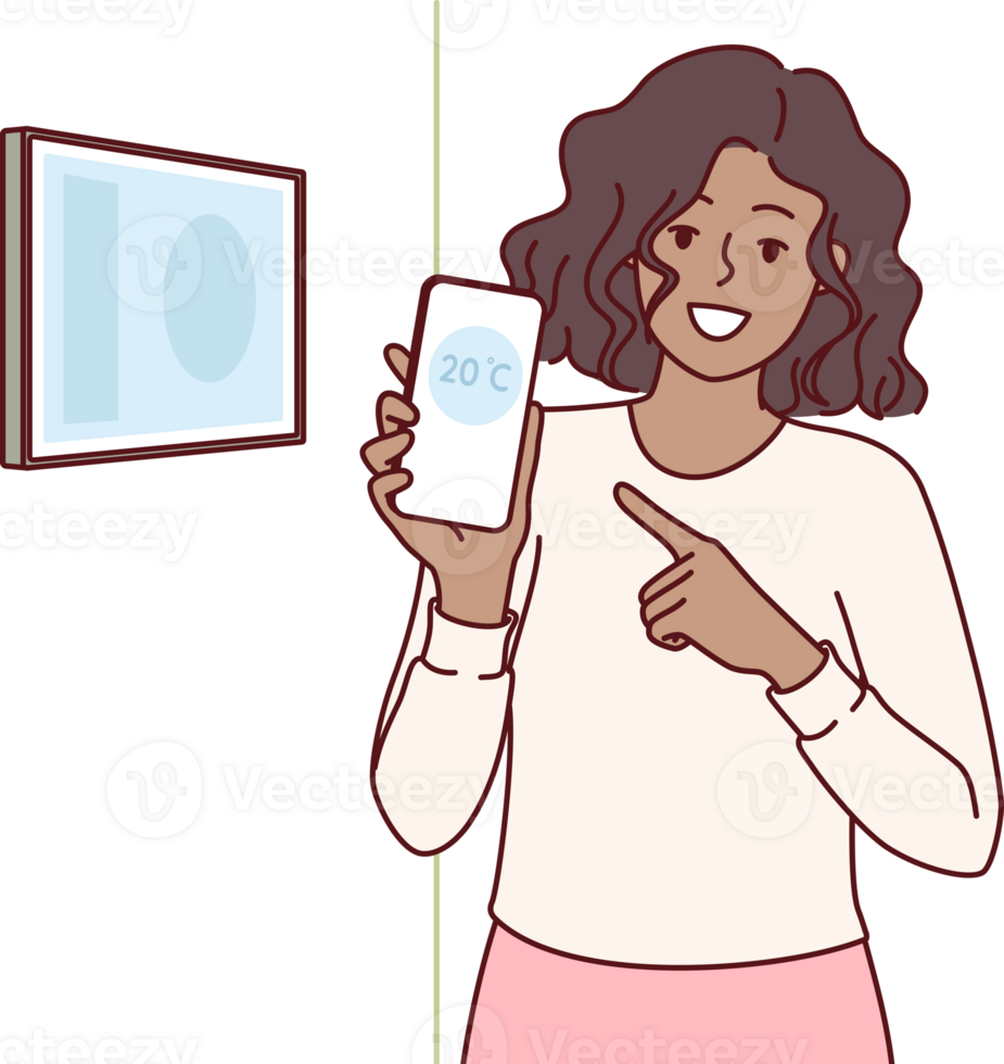 Woman holds phone with thermometer standing near control panel for smart home, and boasts of having iot system. Girl calls to integrate smart home technology for temperature management via smartphone png