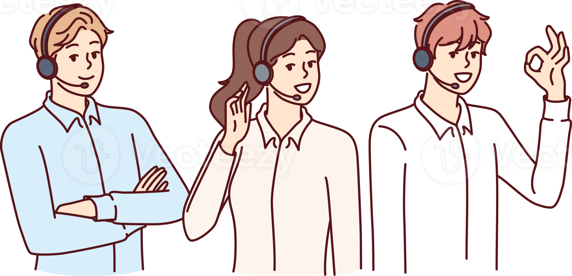 Call center or customer support employees use headset with microphone to make telephone sales. Two men and woman work in call center answering questions from clients asking for help. png