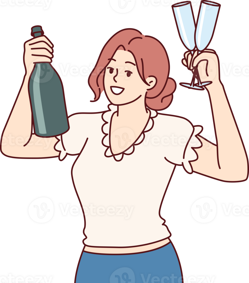 Woman shows bottle of champagne and wine glasses, suggesting friday night party to take break from work. Business girl calls for glass of wine to celebrate signing of lucrative contract png