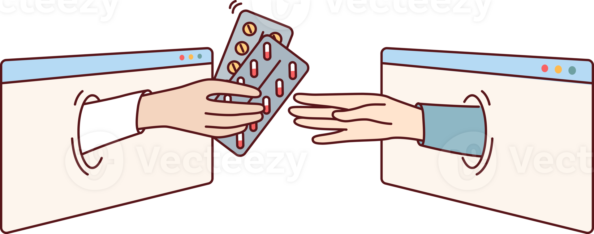 Blisters with pills in doctor hand sticking out from internet window, as metaphor for delivery of drugs from pharmacy. Concept of online consultations from doctor and telemedicine industry png