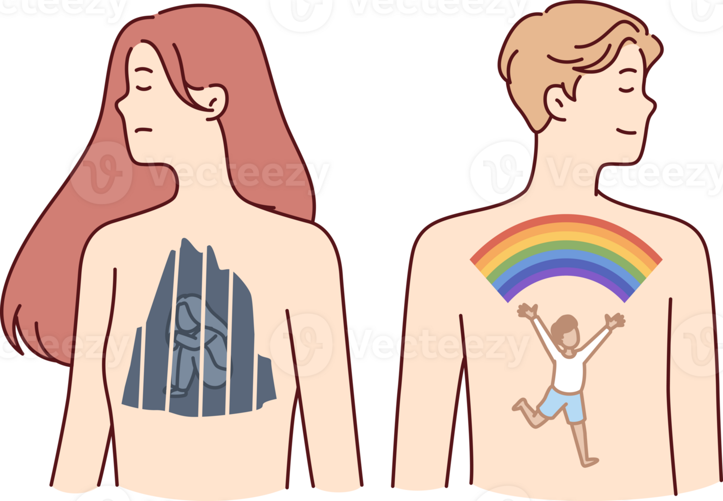 Man and woman with different inner worlds and states of mind that affect psychological health. Small crying child in girl soul and cheerful boy in guy soul evoke different emotions or behavior png