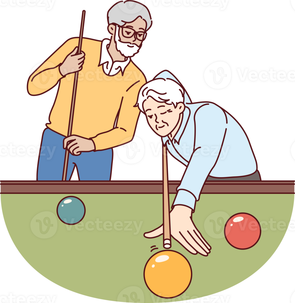 Elderly men play billiards, enjoying favorite hobby that allows them to relax and spend time with friends after retirement. Male pensioners stand near billiards table, competing in american pool png