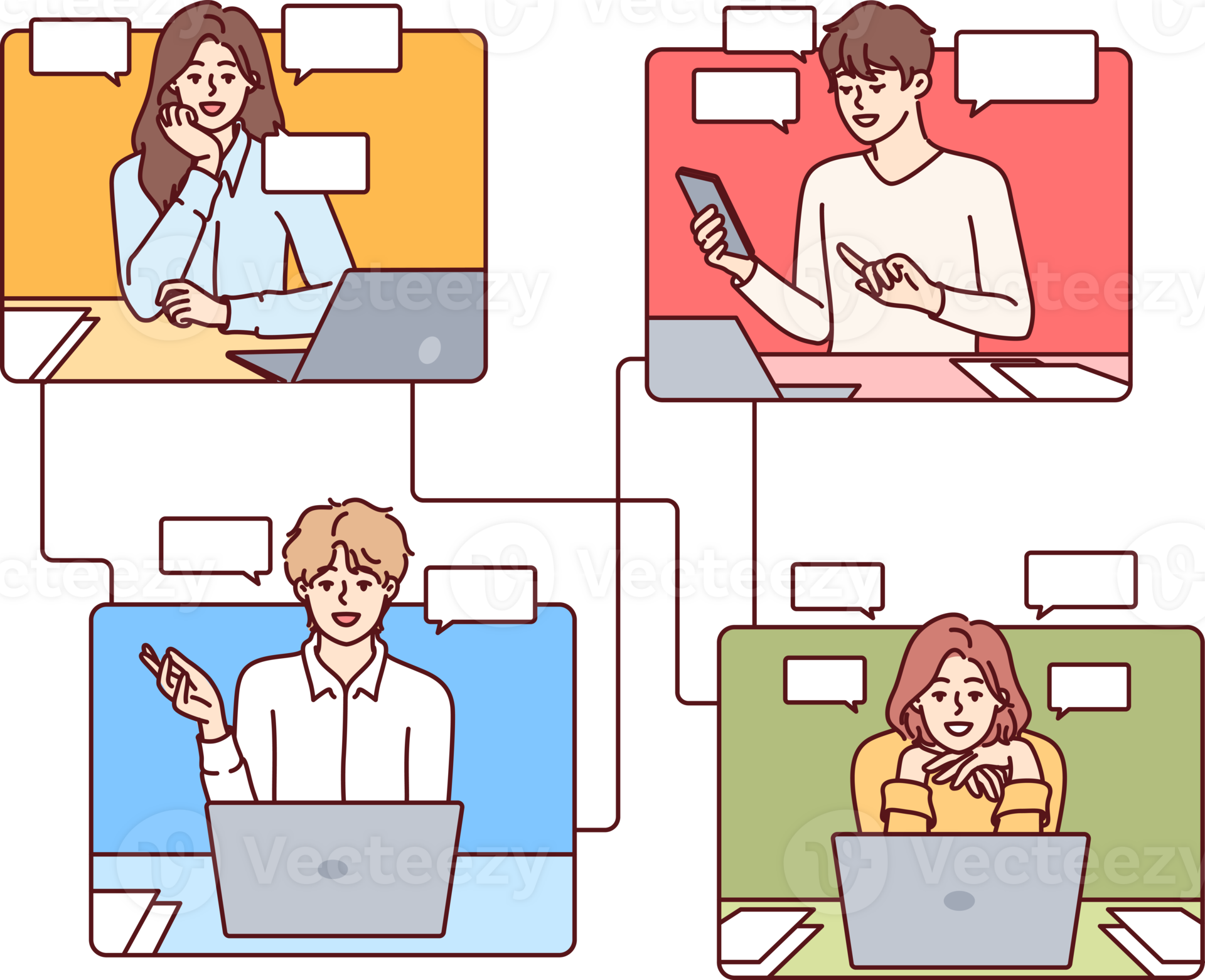 Business people communicate through internet messengers and task