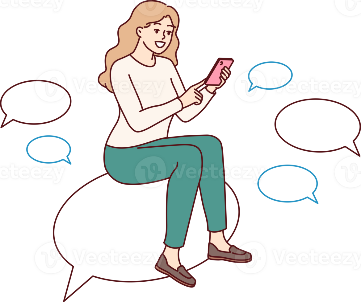 Woman is chatting on mobile phone, sitting on speech bubble and typing SMS or comment on social networks. Girl chatting using messenger applications for smartphones with ability to send messages png