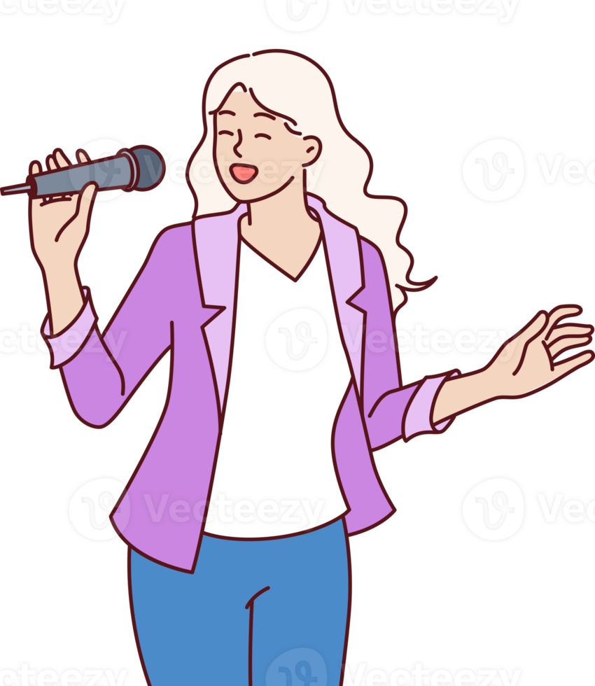 Woman sings karaoke holding microphone and enjoying creative hobby during party in nightclub. Girl visits karaoke bar and sings favorite songs standing in spotlight and dreaming of becoming celebrity. png