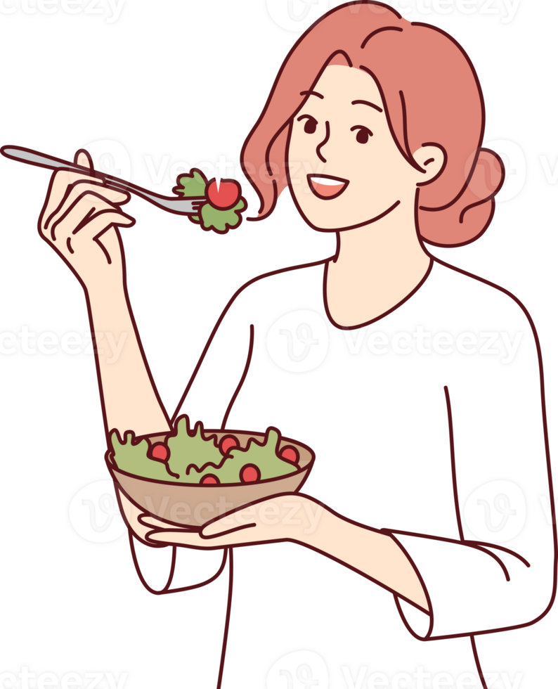 mujer sigue dieta por comiendo verde algas marinas ensalada a obtener eliminar de enfermedades y dirigir sano estilo de vida. contento niña disfrutando orgánico vegetal comida siguiendo dieta como recomendado por nutricionista png