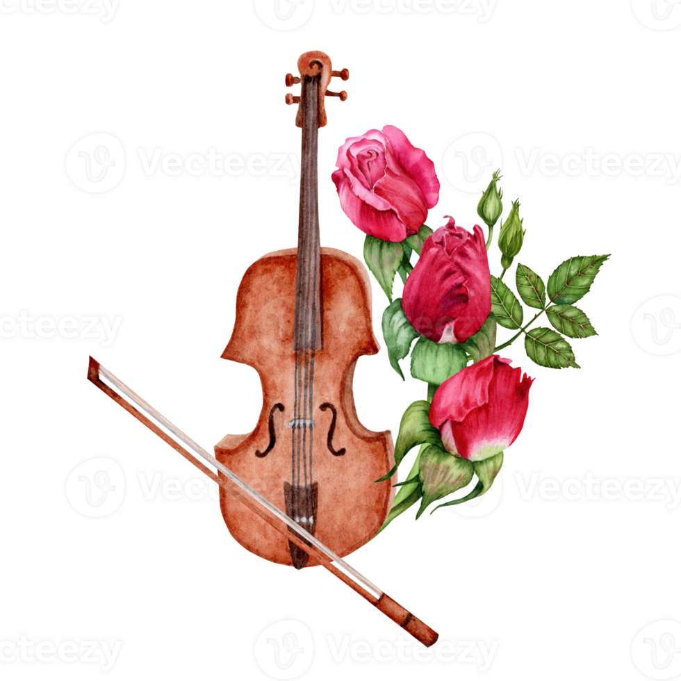 Violin with Bow decorated with Red Roses. Classical Music composition. Watercolor illustration isolated on transparent background. Stylish design element for cards, certificates, flyers, invitations png