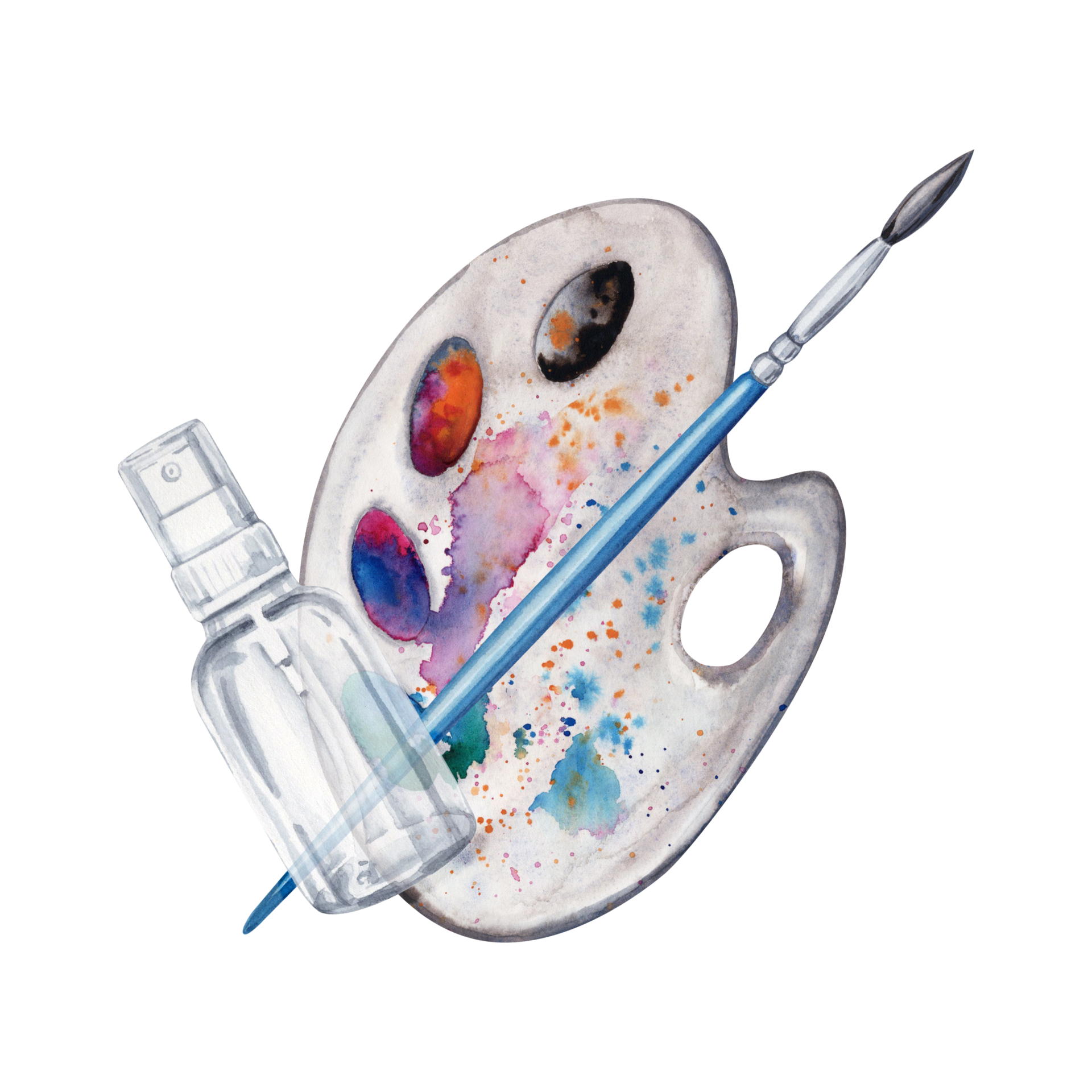 Composition With Paint Brush Artist Palette And A Spray Bottle composition-with-paint-brush-artist-palette-and-a-spray-bottle