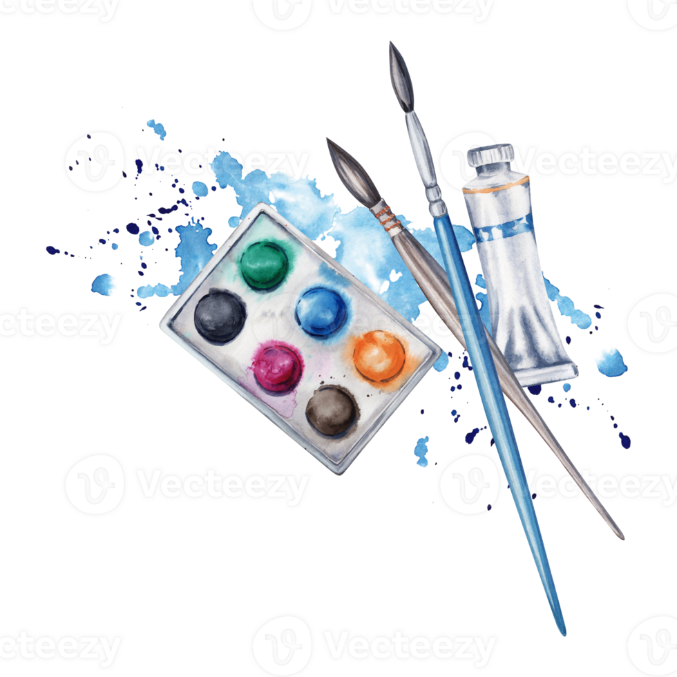 Flat lay composition with paint set, brushes, paint tube and blue watercolor splatter. Watercolor illustration isolated on transparent background. Design for art classes, stores, flyers, lessons png