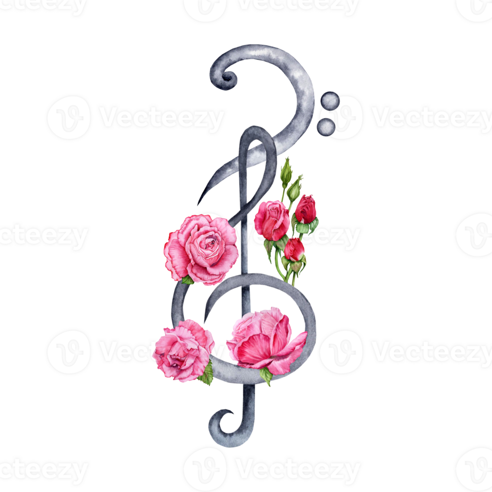 Treble and Bass Clef decorated with Pink Roses composition. Classical Music design element. Watercolor illustration isolated on white background. For greeting cards, certificates, flyers, logos png