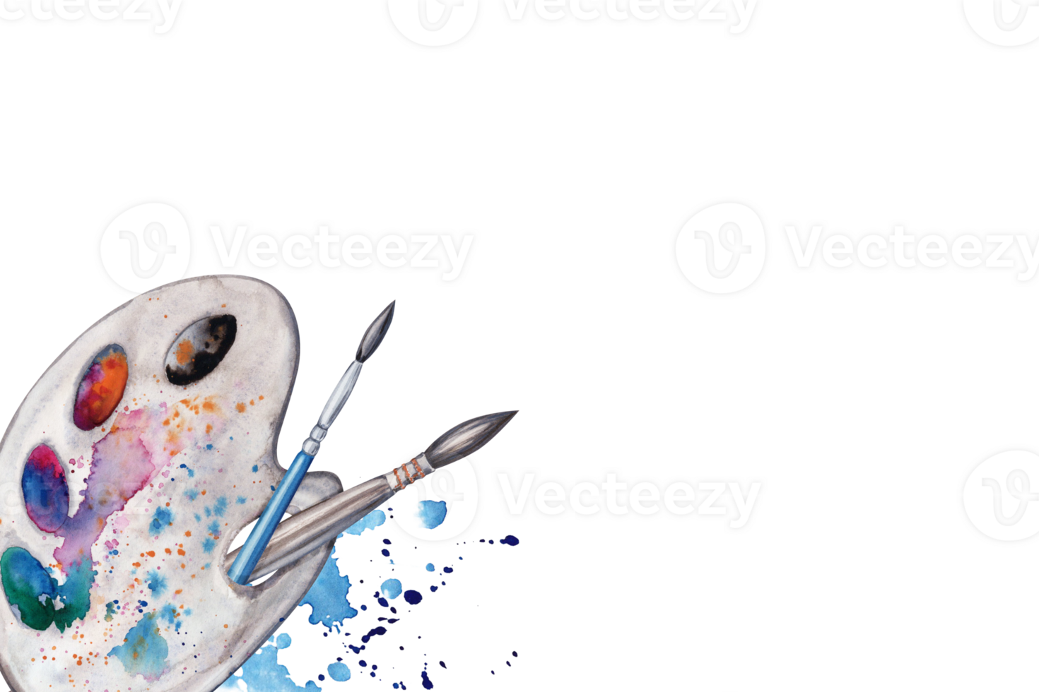 Card design with Artistic Brushes, Palette and blue splashes. Watercolor Illustration isolated on transparent background. Hand painted design for post cards, certificates, flyers. Space for your text. png