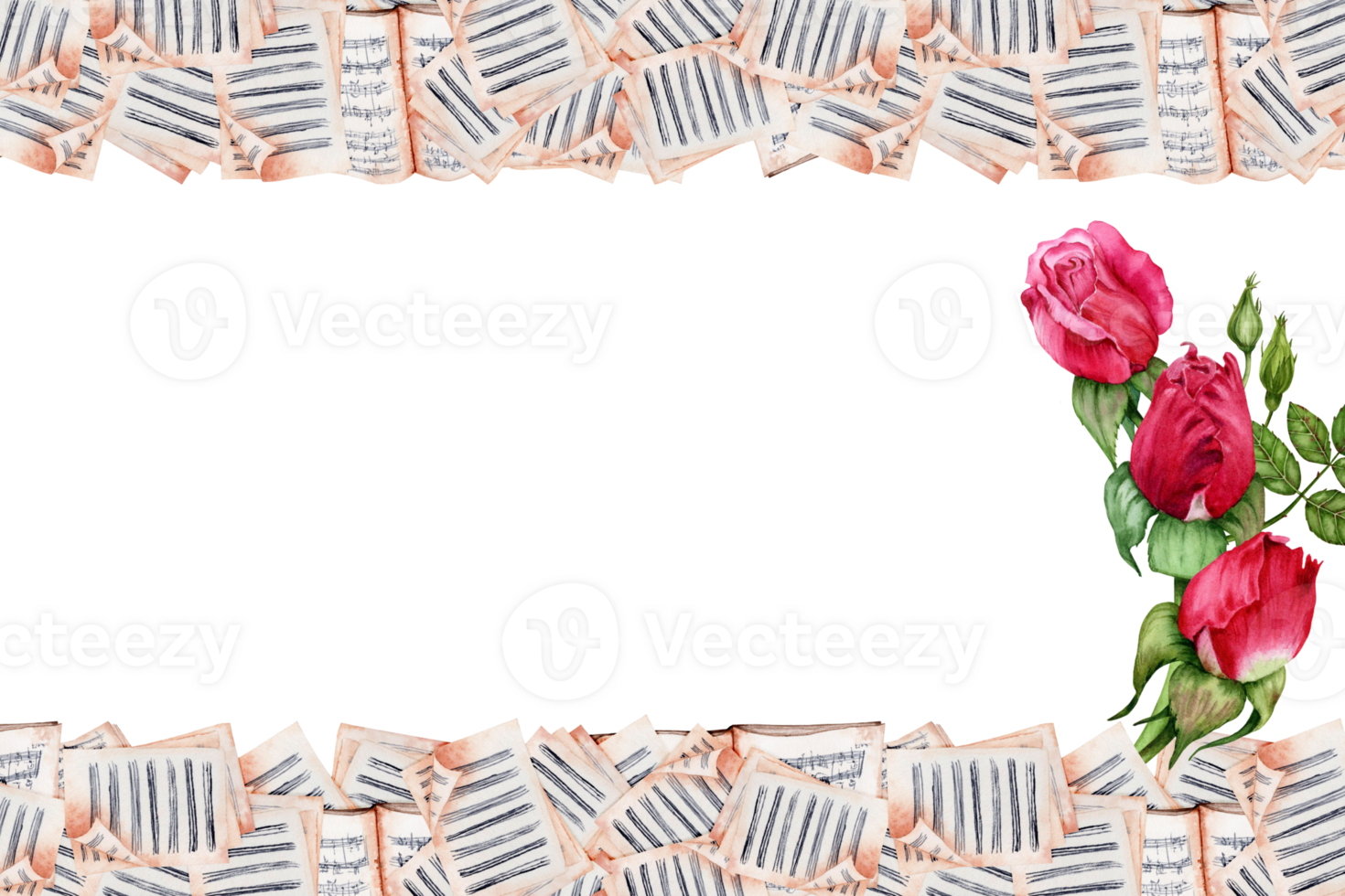 Classical Music greeting card design. Sheet Music Pages borders and Flowers. Three Red Roses composition. Watercolor illustration isolated on transparent background. For cards, certificates, flyers png