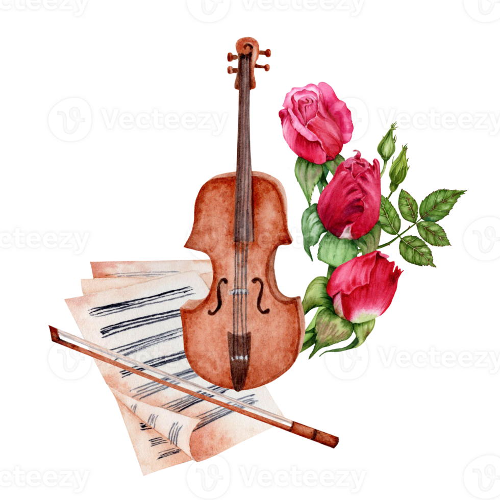 Violin with Bow and Sheet Music decorated with Red Roses. Classical Music composition. Watercolor illustration isolated on transparent background. Design for cards, certificates, flyers, invitations png