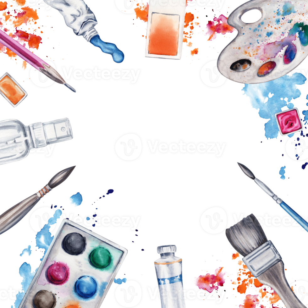 Flat lay with paint pallette, brushes, pencil, color splashes, ink, paints and water spray. Watercolor illustration isolated on transparent background. Border design for art classes, stores, flyers png
