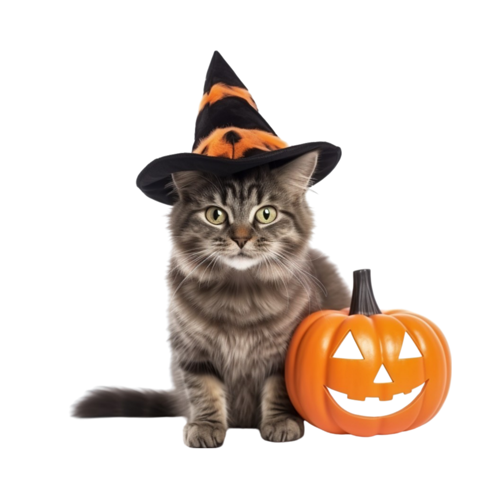 AI generated a cat wearing a witch hat and holding a pumpkin png