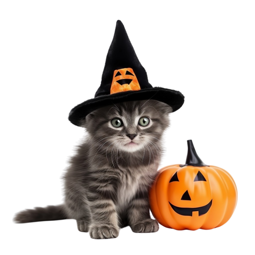 AI generated a dog wearing a witch hat and pumpkin on a transparent background png