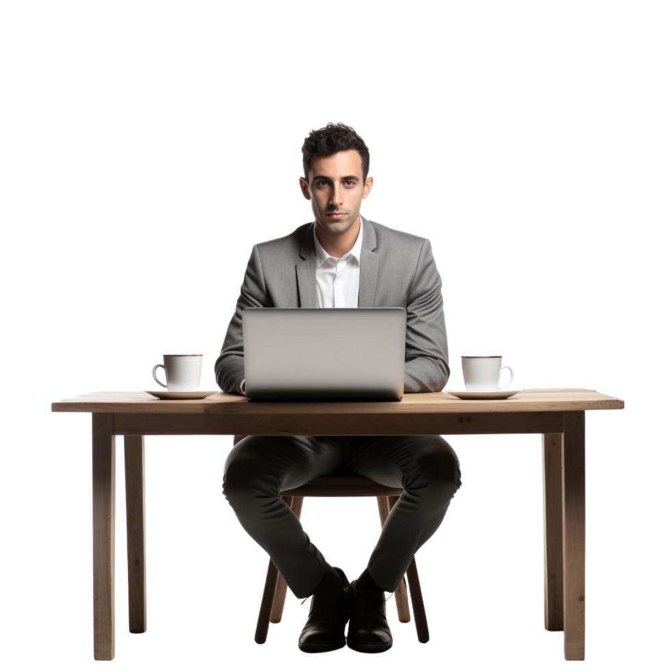 ai generiert Geschäftsmann Sitzung beim Tabelle mit Laptop und Kaffee png