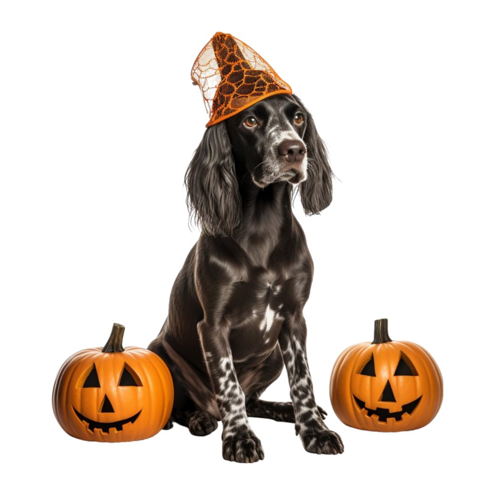 AI generated a dog wearing a witch hat and pumpkin on a transparent background png