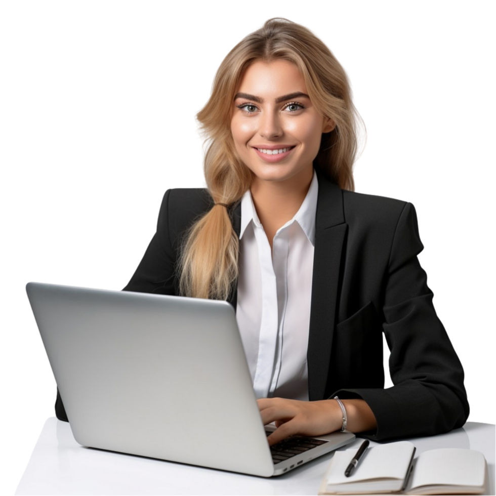 AI generated business woman sitting at desk with laptop png