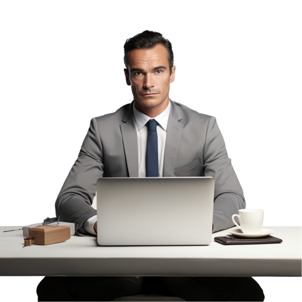 AI generated businessman sitting at table with laptop and coffee png