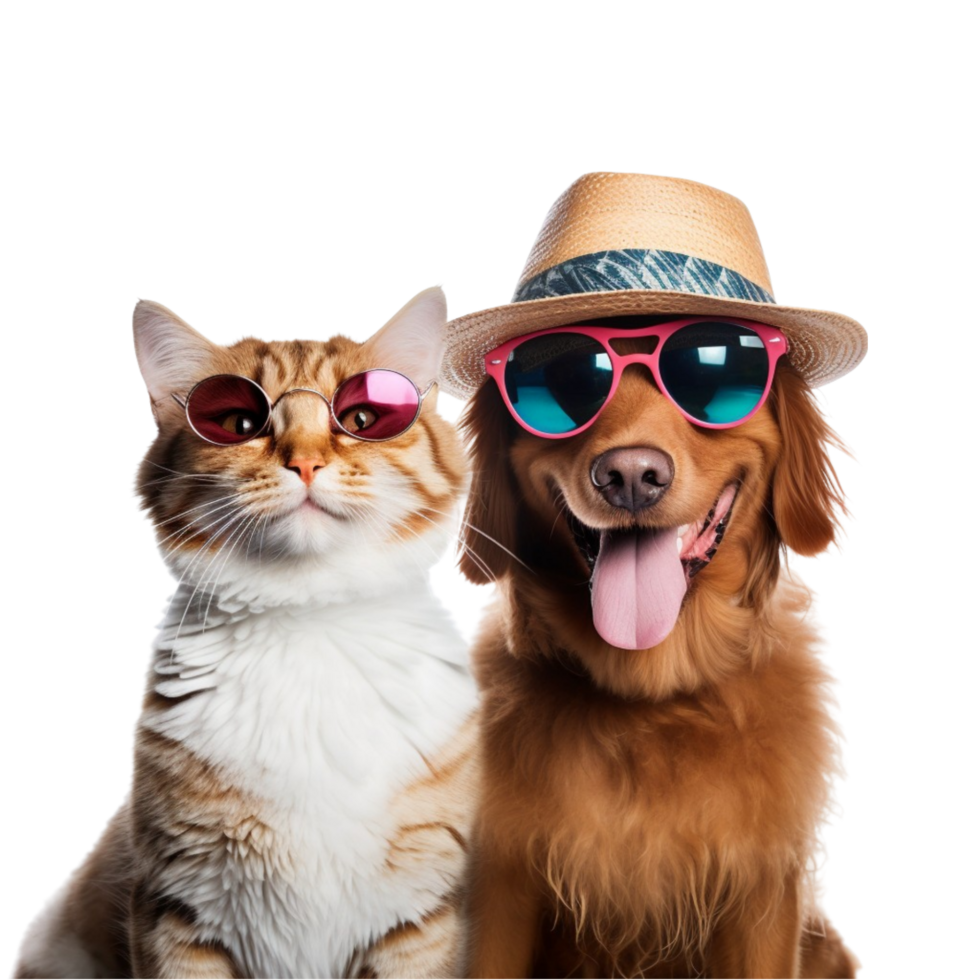 AI generated cat and dog wearing sunglasses and hats on a white background png