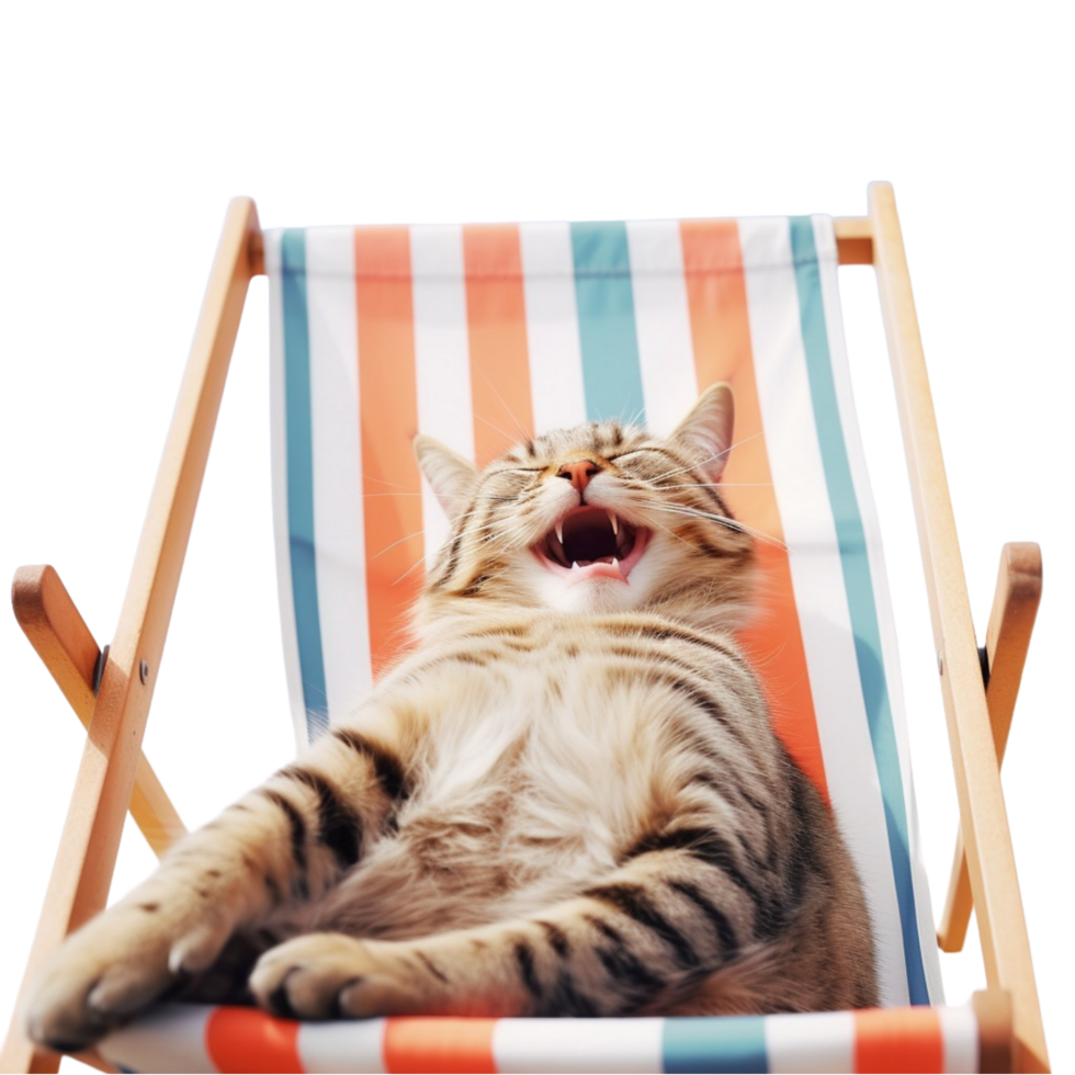 AI generated cat in a beach chair with its mouth open png