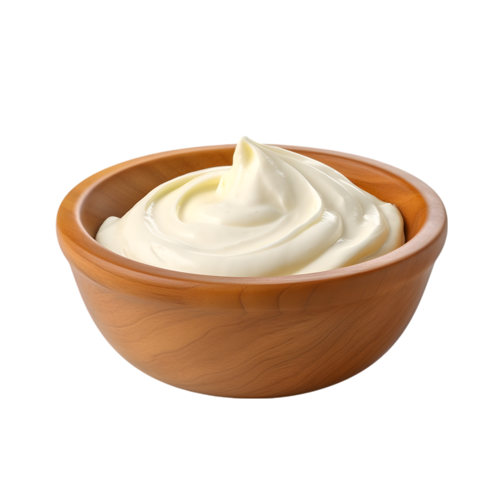 ai generiert Mayonnaise im hölzern Schüssel auf transparent Hintergrund png Bild