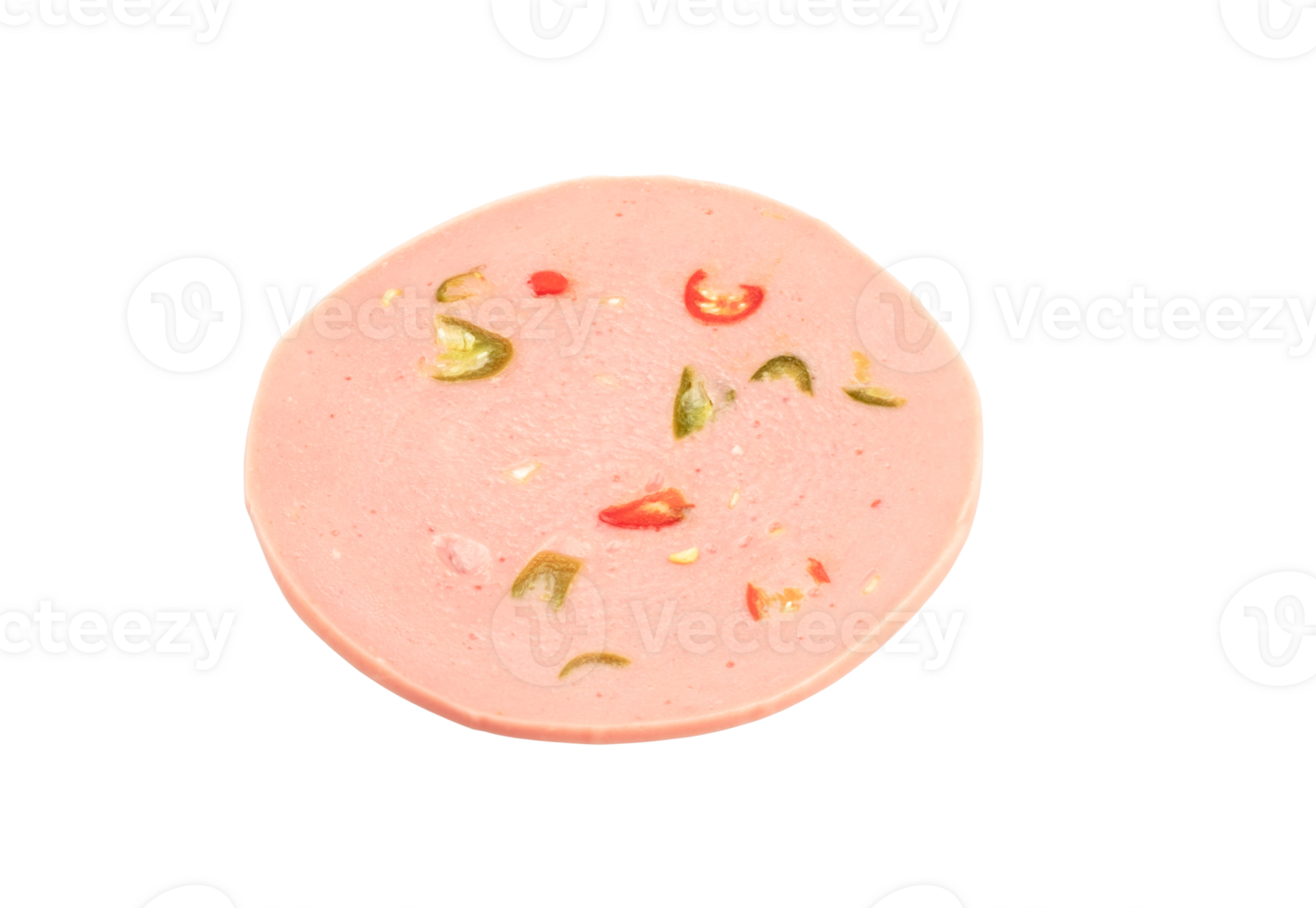 Bologna with chilly ,Mortadela Sausage, Sliced boiled ham sausage isolated on transparent background, top view, PNG File