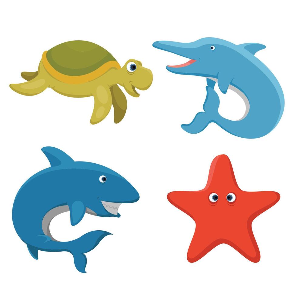 Sea World character illustration, turtle, dolphin, shark, star fish vector
