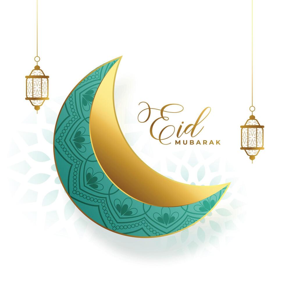 eid mubarak white wishes card with elegant crescent and fanoos vector