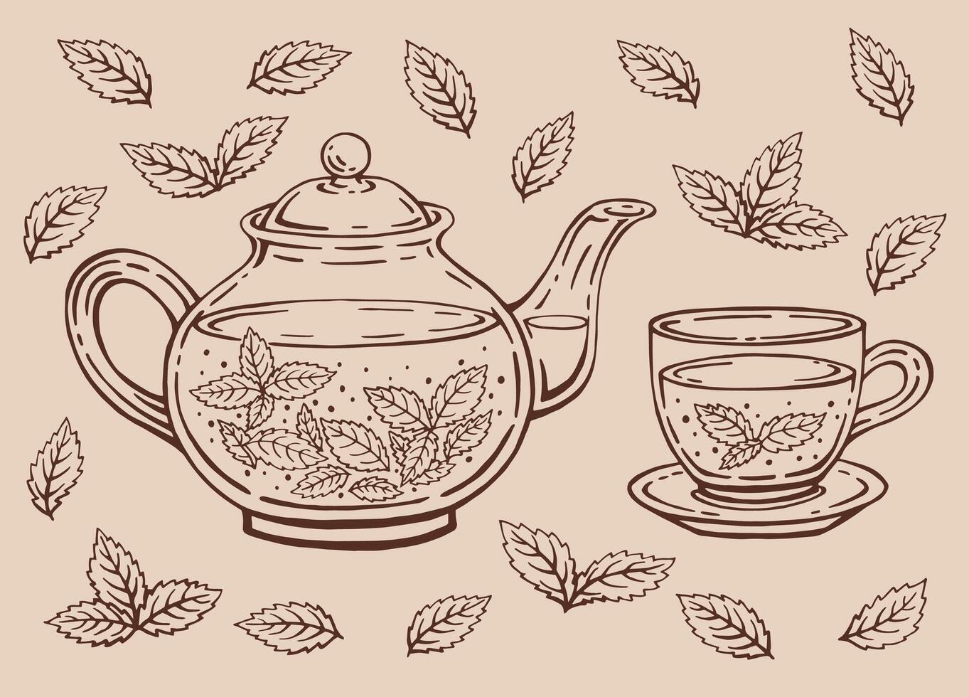 Tea set with healthy green tea, mint leaves. Teapot and cup. Hand drawn vector illustration in outline style.