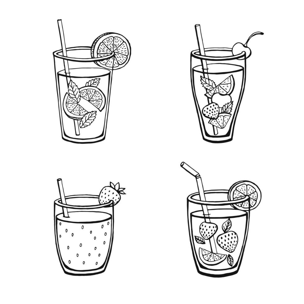 establecer bebidas de verano sin alcohol aisladas sobre fondo blanco. imágenes vectoriales de menú en estilo boceto. vector