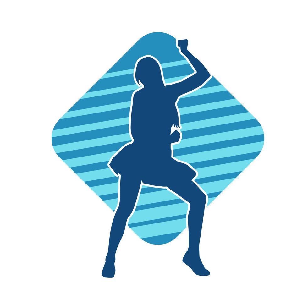 Silhouette of a female dancer wearing mini skirt in action pose. Silhouette of a slim woman dancing happily. vector