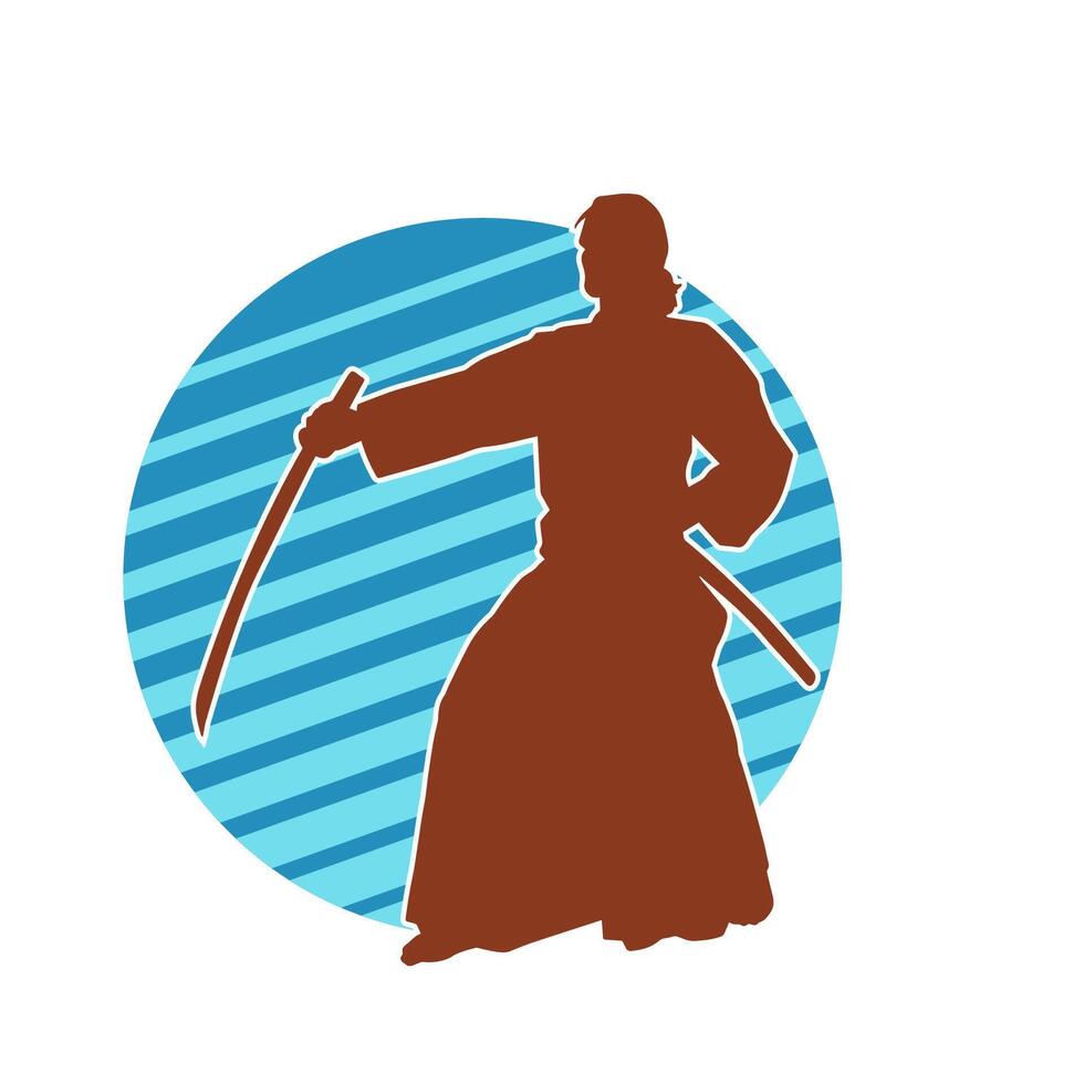 Silhouette of a sword warrior in action pose. Silhouette of a martial art person carrying sword weapon. Silhouette of kendo martial art pose. vector