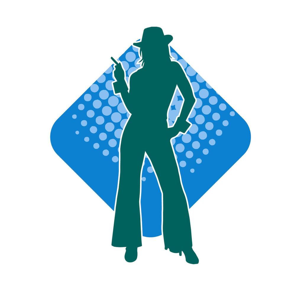 Silhouette of a slim female model wearing long pants and fedora hat in pose. vector