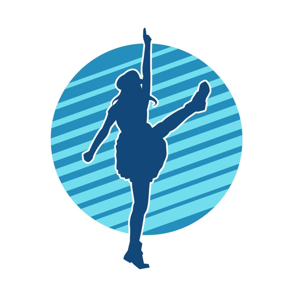 Silhouette of a female dancer wearing mini skirt in action pose. Silhouette of a slim woman dancing happily. vector