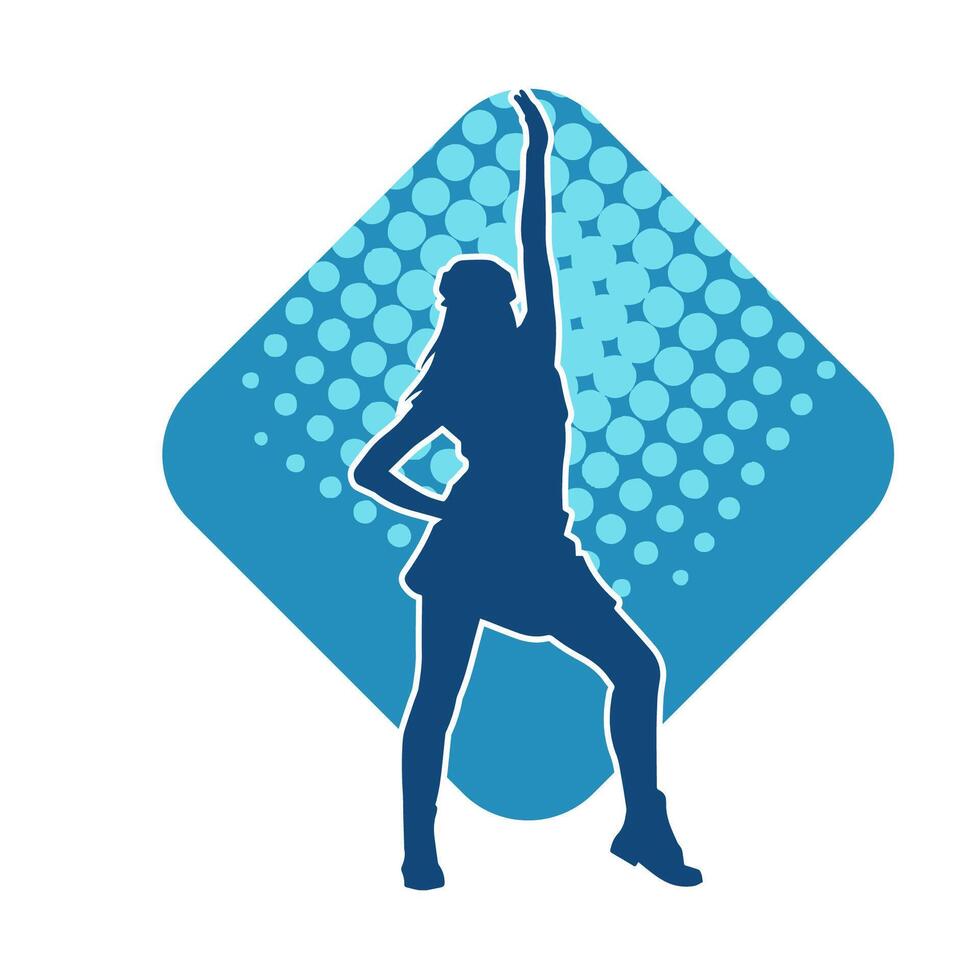 Silhouette of a female dancer wearing mini skirt in action pose. Silhouette of a slim woman dancing happily. vector