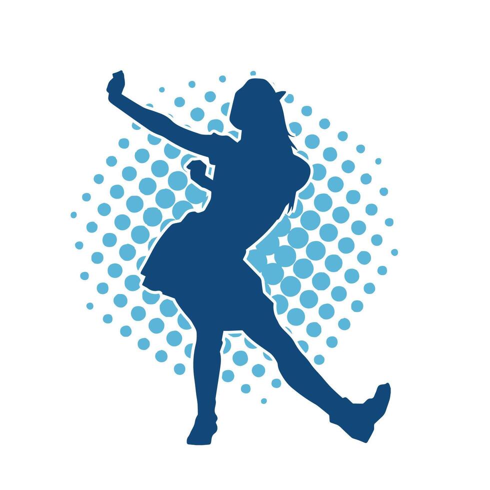 Silhouette of a female dancer wearing mini skirt in action pose. Silhouette of a slim woman dancing happily. vector