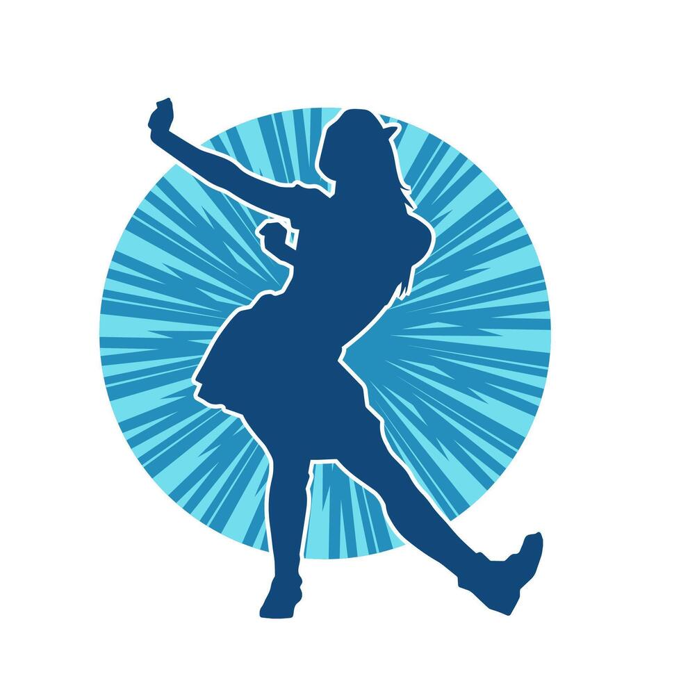 Silhouette of a female dancer wearing mini skirt in action pose. Silhouette of a slim woman dancing happily. vector