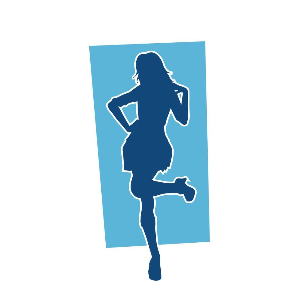 silueta de un hembra bailarín vistiendo mini falda en acción pose. silueta de un Delgado mujer bailando felizmente. vector